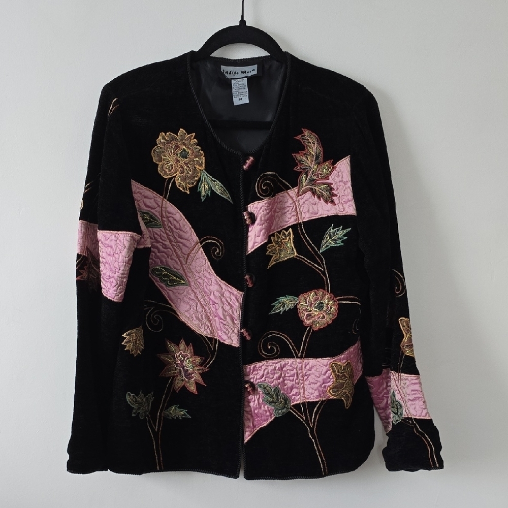Indigo Moon 90's Chenille Black Jacket with Pink and Gold Embroidery Medium